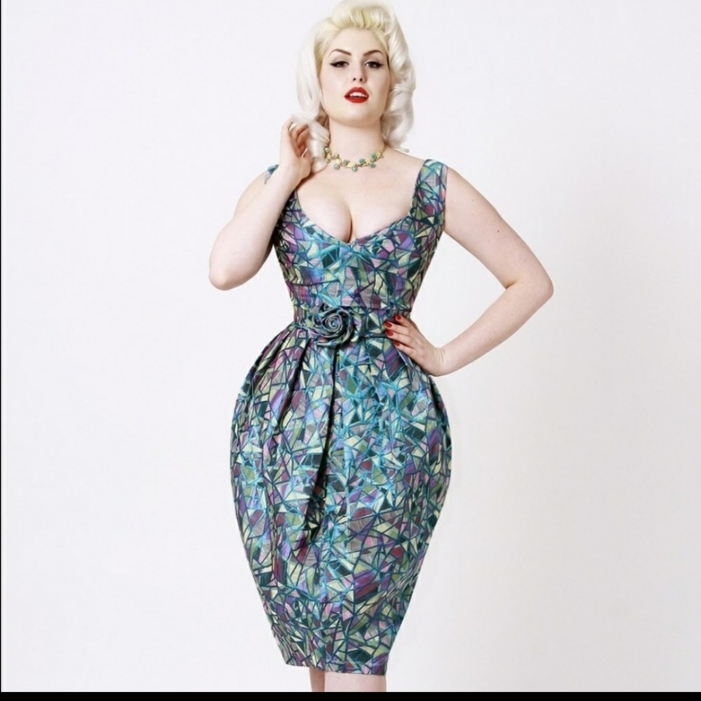 Tatyana Bubble Vintage Art Deco 1950’s Vogue Blue Geo Rose Twist Bow Pinup Dress - Picture 9 of 9